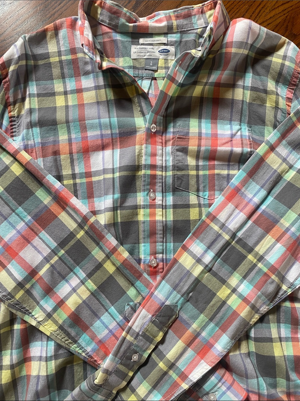 Old Navy Multicolor Plaid Button-Down Shirt — Coral, Aqua & Yellow